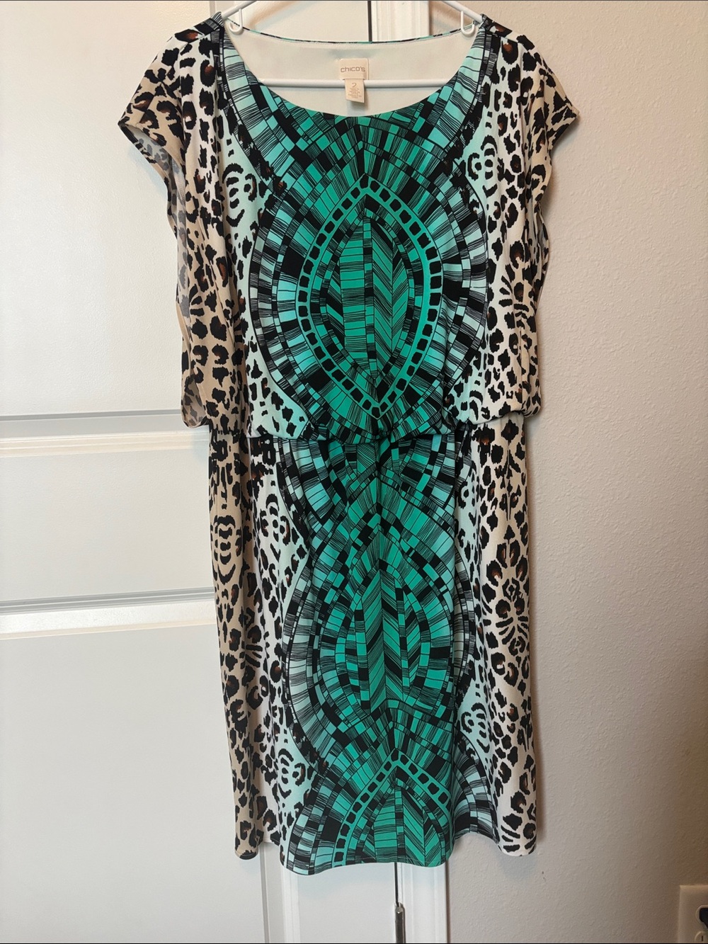 Chico's Turquoise, Black & Cream Midi Dress Animal Print Stretch size 2